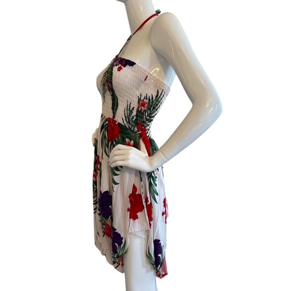 Aloha Fashion Hawaiian Smocked Halter Pixie Dress One Size White Red Floral - Picture 8 of 13